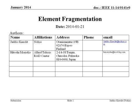 Submission doc.: IEEE 11-14/0141r0 January 2014 Jarkko Kneckt (Nokia)Slide 1 Element Fragmentation Date: 2014-01-21 Authors: