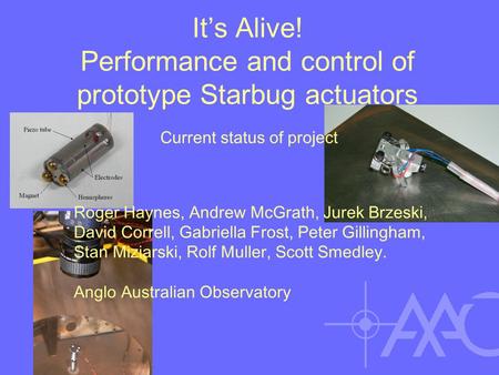 It’s Alive! Performance and control of prototype Starbug actuators Roger Haynes, Andrew McGrath, Jurek Brzeski, David Correll, Gabriella Frost, Peter Gillingham,