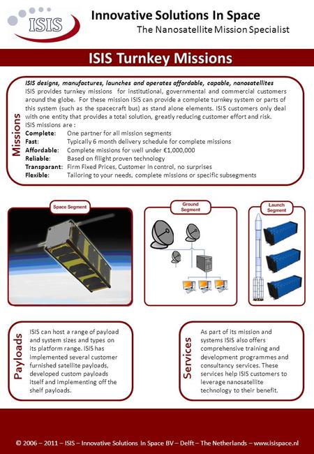 ISIS Turnkey Missions ISIS designs, manufactures, launches and operates affordable, capable, nanosatellites ISIS provides turnkey missions for institutional,