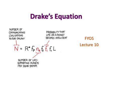 Drake’s Equation FYOS Lecture 10. Exam2 Main transits : planet blocks light from the star Main transits : planet blocks light from the star 2ndary transits.