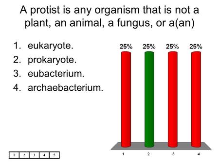 A protist is any organism that is not a plant, an animal, a fungus, or a(an) eukaryote. prokaryote. eubacterium. archaebacterium. 1 2 3 4 5.