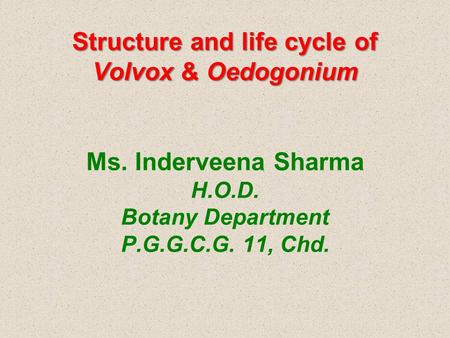 Structure and life cycle of Volvox & Oedogonium Ms. Inderveena Sharma H.O.D. Botany Department P.G.G.C.G. 11, Chd.