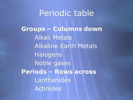 Periodic table Groups – Columns down Alkali Metals Alkaline Earth Metals Halogens Noble gases Periods – Rows across Lanthanides Actinides Groups – Columns.