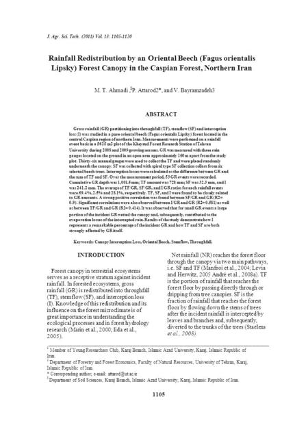 J. Agr. Sci. Tech. (2011) Vol. 13: 1105-1120 Rainfall Redistribution by an Oriental Beech (Fagus orientalis Lipsky) Forest Canopy in the Caspian Forest,