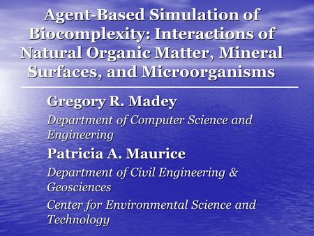 Agent-Based Simulation of Biocomplexity: Interactions of Natural Organic Matter, Mineral Surfaces, and Microorganisms Gregory R. Madey Department of Computer.