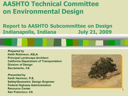 AASHTO Technical Committee on Environmental Design Report to AASHTO Subcommittee on Design Indianapolis, IndianaJuly 21, 2009 Prepared by Keith Robinson,