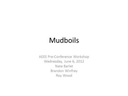 Mudboils AEES Pre-Conference Workshop Wednesday, June 6, 2012 Nate Barlet Brandon Winfrey Roy Wood.