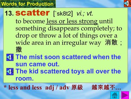Words for Production 13. scatter [ `sk8t2 ] vi.; vt. to become less or less strong until something disappears completely; to drop or throw a lot of things.