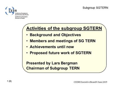 1 (6) Subgroup SGTERN CEDR Executive Board 9 June 2005 Activities of the subgroup SGTERN Background and Objectives Members and meetings of SG TERN Achievements.