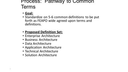 Process: Pathway to Common Terms Goal: Standardize on 5-6 common definitions to be put forth as FEAPO wide agreed upon terms and definitions. Proposed.