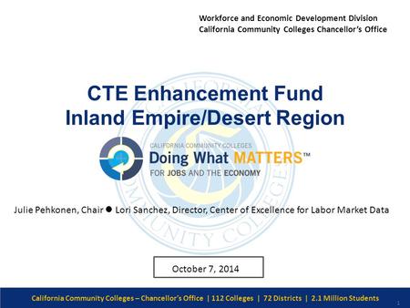 Date/Version # CTE Enhancement Fund Inland Empire/Desert Region California Community Colleges – Chancellor’s Office | 112 Colleges | 72 Districts | 2.1.