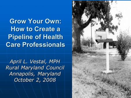 Grow Your Own: How to Create a Pipeline of Health Care Professionals April L. Vestal, MPH Rural Maryland Council Annapolis, Maryland October 2, 2008.