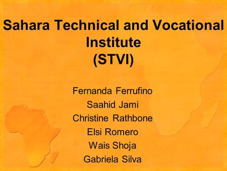 Sahara Technical and Vocational Institute (STVI) Fernanda Ferrufino Saahid Jami Christine Rathbone Elsi Romero Wais Shoja Gabriela Silva.