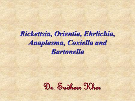 Rickettsia, Orientia, Ehrlichia, Anaplasma, Coxiella and Bartonella Dr. Sudheer Kher.
