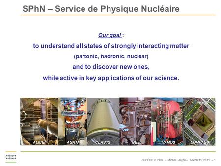 NuPECC in Paris - Michel Garçon – March 11, 2011 – 1 SPhN – Service de Physique Nucléaire Our goal : to understand all states of strongly interacting matter.