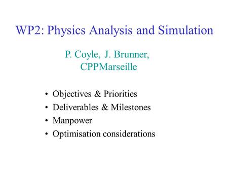 WP2: Physics Analysis and Simulation Objectives & Priorities Deliverables & Milestones Manpower Optimisation considerations P. Coyle, J. Brunner, CPPMarseille.