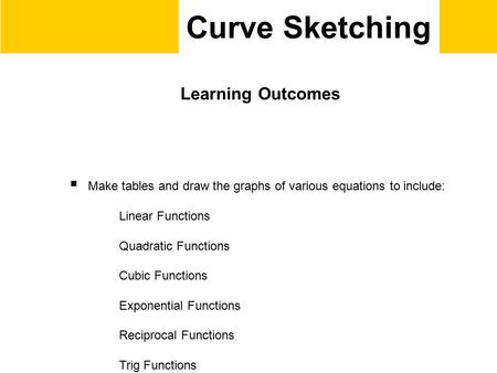 Curve Sketching Learning Outcomes  Make tables and draw the graphs of various equations to include: Linear Functions Quadratic Functions Cubic Functions.