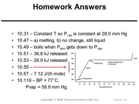 Homework Answers 10.31 – Constant T so P vap is constant at 28.0 mm Hg 10.47 – a) melting, b) no change, still liquid 10.49 – boils when P atm gets down.