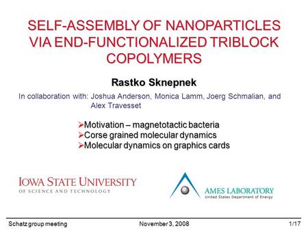SELF-ASSEMBLY OF NANOPARTICLES VIA END-FUNCTIONALIZED TRIBLOCK COPOLYMERS Rastko Sknepnek Schatz group meeting November 3, 2008 1/17 In collaboration with: