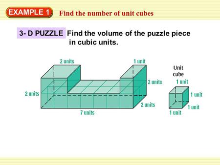EXAMPLE 1 Find the number of unit cubes 3- D PUZZLE