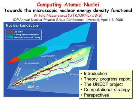 1 Computing Atomic Nuclei Towards the microscopic nuclear energy density functional Witold Nazarewicz (UTK/ORNL/UWS) IOP Annual Nuclear Physics Group Conference,