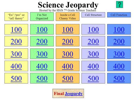 Science Jeopardy 100 200 300 400 500 100 200 300 400 500 100 200 300 400 500 100 200 300 400 500 100 200 300 400 500 “Eu”,“pro” or “cell theory” I’m Not.