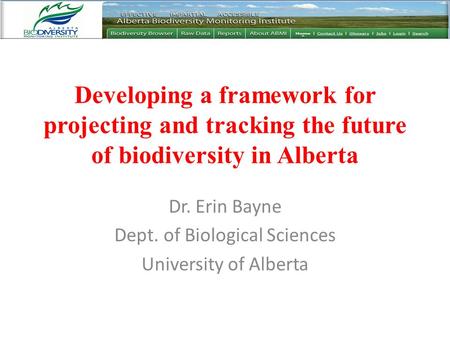 Developing a framework for projecting and tracking the future of biodiversity in Alberta Dr. Erin Bayne Dept. of Biological Sciences University of Alberta.