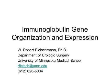 Immunoglobulin Gene Organization and Expression W. Robert Fleischmann, Ph.D. Department of Urologic Surgery University of Minnesota Medical School