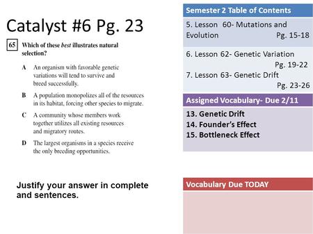 Catalyst #6 Pg. 23 Semester 2 Table of Contents 5. Lesson 60- Mutations and Evolution Pg. 15-18 6. Lesson 62- Genetic Variation Pg. 19-22 7. Lesson 63-