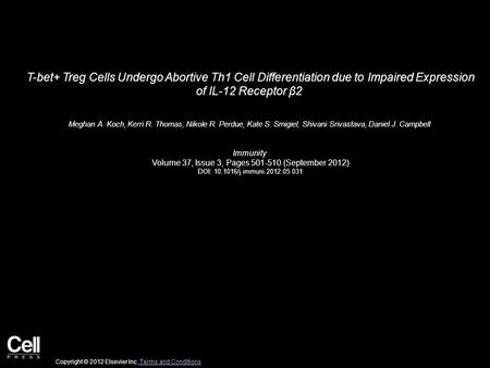 T-bet+ Treg Cells Undergo Abortive Th1 Cell Differentiation due to Impaired Expression of IL-12 Receptor β2 Meghan A. Koch, Kerri R. Thomas, Nikole R.