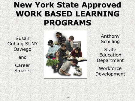 1 New York State Approved WORK BASED LEARNING PROGRAMS Susan Gubing SUNY Oswego and Career Smarts Anthony Schilling State Education Department Workforce.