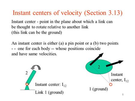 1 Instant center - point in the plane about which a link can be thought to rotate relative to another link (this link can be the ground) An instant center.