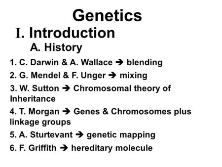 Genetics I. Introduction A. History 1. C. Darwin & A. Wallace  blending 2. G. Mendel & F. Unger  mixing 3. W. Sutton  Chromosomal theory of Inheritance.