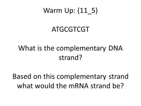 Warm Up: (11_5) ATGCGTCGT What is the complementary DNA strand? Based on this complementary strand what would the mRNA strand be?