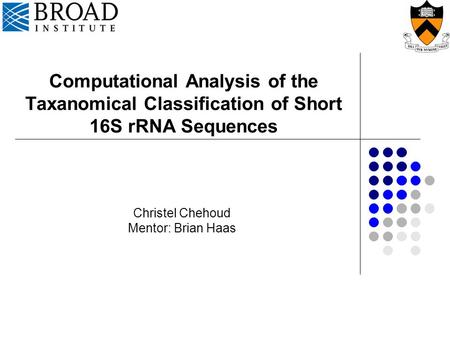 Computational Analysis of the Taxanomical Classification of Short 16S rRNA Sequences Christel Chehoud Mentor: Brian Haas.