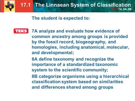 17.1 The Linnaean System of Classification TEKS 7A, 8A, 8B The student is expected to: 7A analyze and evaluate how evidence of common ancestry among groups.