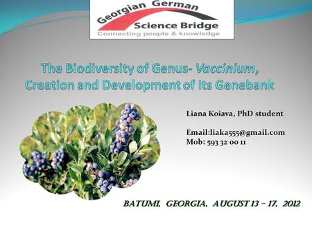 Liana Koiava, PhD student Mob: 593 32 00 11 Batumi, Georgia, August 13 – 17, 2012.