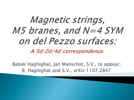 A 5d/2d/4d correspondence Babak Haghighat, Jan Manschot, S.V., to appear; B. Haghighat and S.V., arXiv:1107.2847.