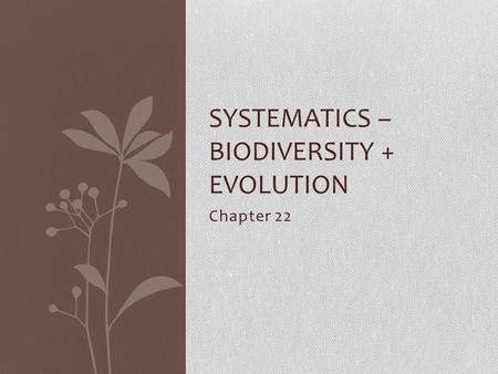 Chapter 22 SYSTEMATICS – BIODIVERSITY + EVOLUTION.
