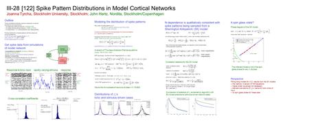 III-28 [122] Spike Pattern Distributions in Model Cortical Networks Joanna Tyrcha, Stockholm University, Stockholm; John Hertz, Nordita, Stockholm/Copenhagen.