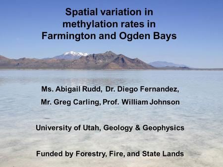 Spatial variation in methylation rates in Farmington and Ogden Bays Ms. Abigail Rudd, Dr. Diego Fernandez, Mr. Greg Carling, Prof. William Johnson University.