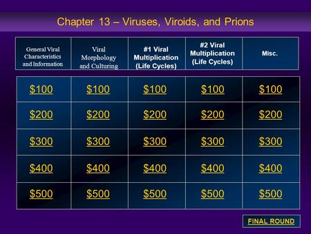 Chapter 13 – Viruses, Viroids, and Prions $100 $200 $300 $400 $500 $100$100$100 $200 $300 $400 $500 General Viral Characteristics and Information Viral.