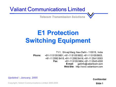 Copyright, Valiant Communications Limited 2000-2005 E1 Protection Switching Equipment Confidential Slide 1 V aliant C ommunications L imited Telecom Transmission.