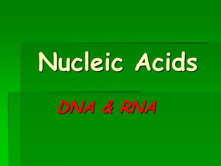 Nucleic Acids DNA & RNA. What are they ? The 4 th type of macromolecules The chemical link between generations The source of genetic information in chromosomes.