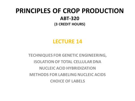 PRINCIPLES OF CROP PRODUCTION ABT-320 (3 CREDIT HOURS) LECTURE 14 TECHNIQUES FOR GENETIC ENGINEERING, ISOLATION OF TOTAL CELLULAR DNA NUCLEIC ACID HYBRIDIZATION.