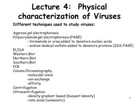 1 Lecture 4: Physical characterization of Viruses Different techniques used to study viruses: Agarose gel electrophoresis Polyacrylamide gel electrophoresis.