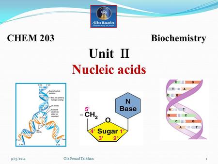 Unit  Nucleic acids CHEM 203 Biochemistry 9/15/20141Ola Fouad Talkhan.