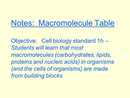 Notes: Macromolecule Table Objective: Cell biology standard 1h – Students will learn that most macromolecules (carbohydrates, lipids, proteins and.
