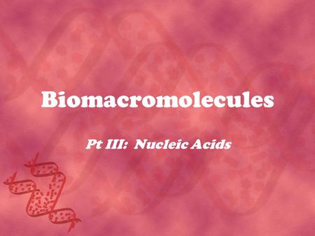 Biomacromolecules Pt III: Nucleic Acids. Nucleic acids Linear polymers made up of monomers called nucleotides. They are of critical importance to the.