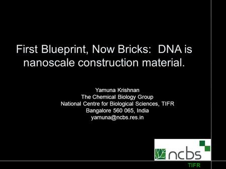 First Blueprint, Now Bricks: DNA is nanoscale construction material. Yamuna Krishnan The Chemical Biology Group National Centre for Biological Sciences,